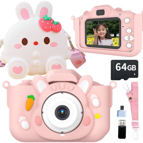 【64GB付 ポシェットセット】ウサギ キッズカメラ トイ 子供用 国内サポート 4800万画素 1080P HD 日本語説明書 ゲーム機能 クリスマス プレゼント 女の子 ピンク popoma