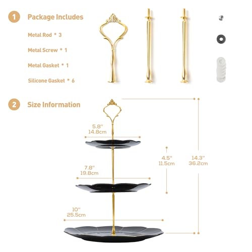 DUJUST Luxury Porcelain 3-Tier Cupcake Stand Tower, British Style Serving Tray with Golden Trim, Food Grade Dessert Display Stand, Beautiful Gift for Tea Party & Home Décor - Black - Image 3