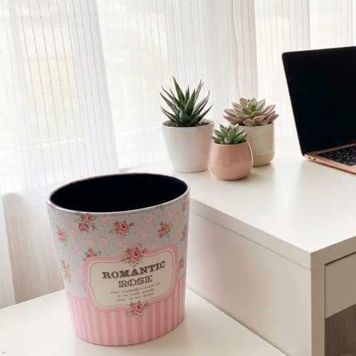 Image of PU Leather Small Trash Can Wastebasket, Round Garbage Container Basket for Bathrooms, Laundry Room, Kitchens, Offices, Kids Rooms, Bedrooms,Home Decorative Art Bin, 2.9 Gallon (Romantic Rose)