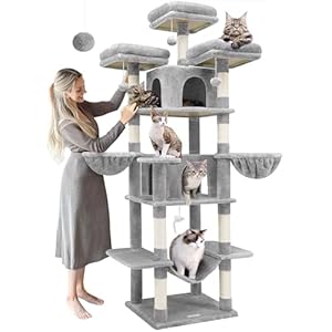 F80 Big Cat Tower for Indoor Cats, 80inch Cat Tower for Multiple Adult Cats XXL Cat Tree with Scratching Post, Hammock, 3 Perches, 2 Condos, 2 Hanging Basket, Light Grey