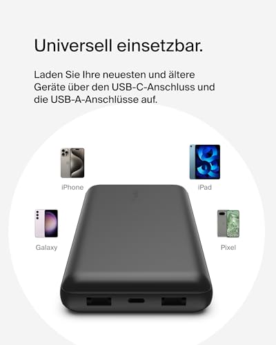 Belkin tragbares USB-C-Ladegerät, 20.000mAh, 20K Powerbank mit USB-C-Ein-/Ausgang und 2 USB-A-Anschlüssen mit USB-C/USB-A-Kabel für iPhone, Galaxy, Pixel, iPad, AirPods und andere Geräte – Schwarz – Bild 6