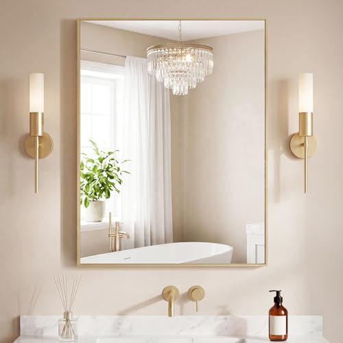 Image of NEWBULIG 30 inchx36 inch Wall Mirror, Bathroom Mirrors for Over Sink, Gold | Matte Metal Framed Vanity Mirror with Tempered Glass, Entryway, Living Room, Bathroom