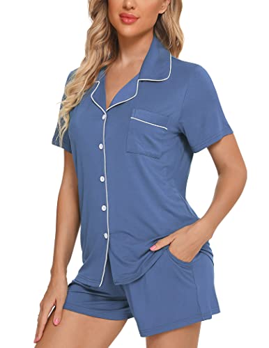 Image of Pjmlifecoco Women's Modal Pajama Set Short Sleeve Button Down Two Piece Soft Sleepwear with Shorts Loungewear S-XXL