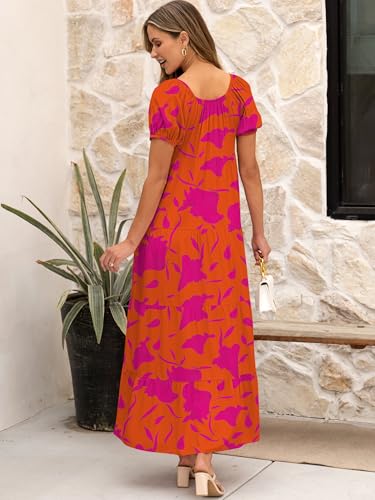 Image of ANRABESS Women's Boho Maxi Dresses 2025 Summer Casual Floral Puff Short Sleeve Tie Front Flowy Swing Tiered Long Beach Dress