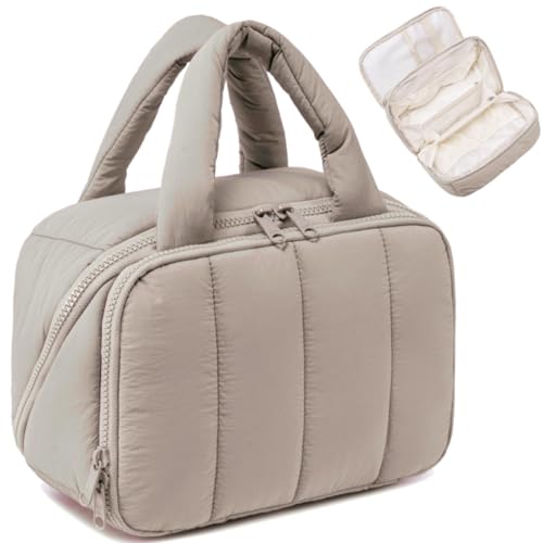 CAMTOP Travel Toiletry Bag for Women Travel Toiletry Organizer Lightweight Large Wide-open Makeup Bag Large Capacity Qulited Cosmetic Bag Puffy for Essentials Organizer (Purple-Grey)