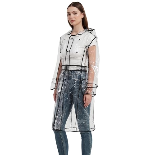 LERTREEUK Damen EVA Transparent Regenmantel Leichte Regenbekleidung Wasserdichte Regenjacke mit Gürtel