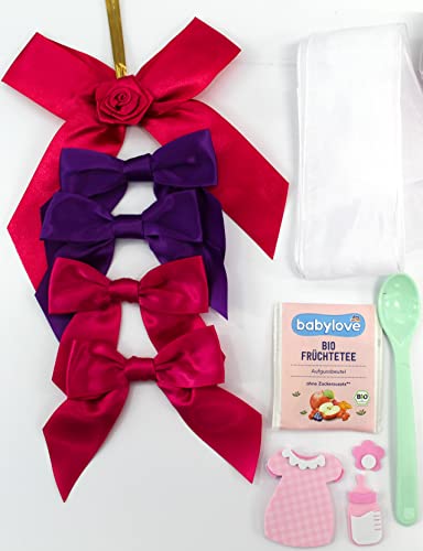 CaPiSo 16 Teile Dekoration Windeltorte Babyparty Schnullerparty Babyband Schleifenband Baby Schleifen+ Aufkleber (Girl 03)