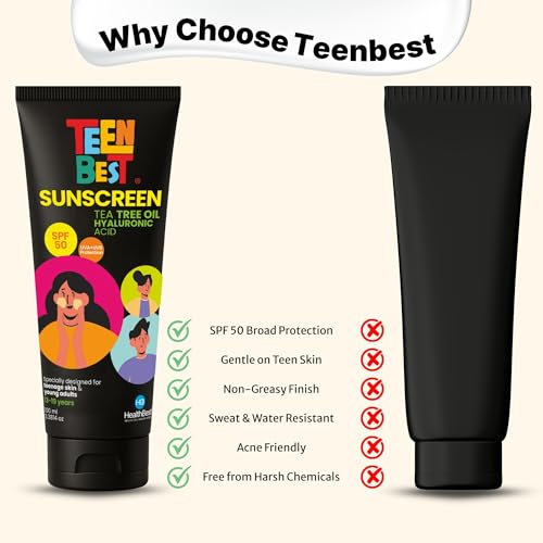 Image of Healthbest Sunscreen SPF 50 PA++++ for Teens & Youth, Daily Use Lightweight Face Sunscreen with No White Cast, Non-Greasy Texture, Broad Spectrum UVA UVB & Blue Light Protection, Enriched with Aloe Vera, Vitamin C, Blueberry & Hyaluronic Acid