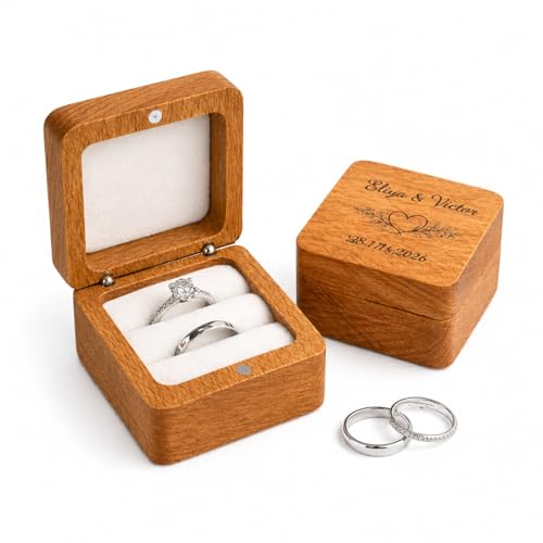 Générique Boîte à Alliances en Bois Personnalisée – Écrin Mariage Carré Aimanté avec Velours Blanc – Porte Alliances Gravé Prénoms et Date – 2...