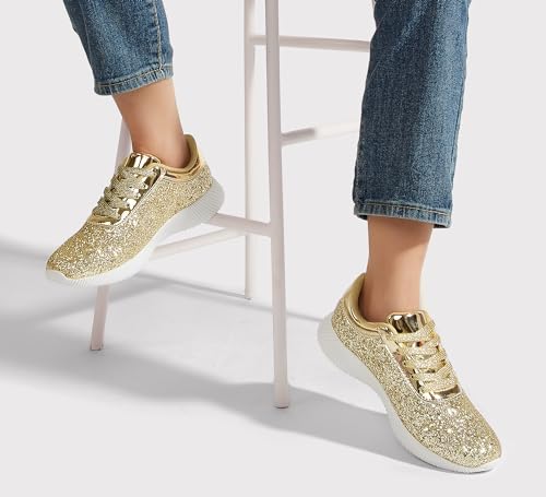 Image of BELOS Women Glitter Sparkly Fashion Sneakers | Lightweight Metallic Sequins Tennis Shoes Casual Retro Braided Walking Shoes