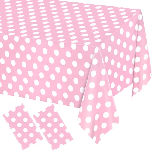 Image of WNINK 2 Pack Light Pink and White Polka Dot Tablecloths, Pink Disposable Plastic Table Cover for Birthday, Wedding, Bachelor, Pink Girl Party, and Picnic Camping Parties 54 inch x 108 inch