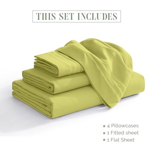 Image of Elegant Comfort Luxurious 1500 Premium Hotel Quality Microfiber Three Line Embroidered Softest 4-Piece Bed Sheet Set, Wrinkle and Fade Resistant, Queen, Pistachio Green