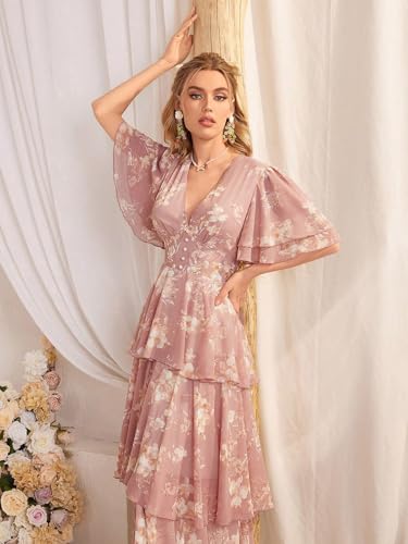 Image of TOLEEN Summer Casual Dresses for Women 2024 Spring Fashion Boho V Neck Long Sleeve Ruffle Floral Print Elegant Maxi Dress