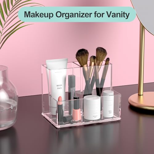 Image of Clear Pen Holder for Desk, Small Acrylic Pencil Holder, Compact Makeup Brush Holder Organizer for Vanity, Pen Pencil Organizer Cup, Office Desk Organizer and Accessories, 3 Compartment Design