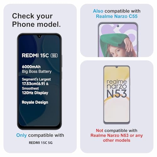 Image of Tempered Glass Screen Protector Compatible for REDMI 15C 5G / REDMI 15C with Edge to Edge Coverage and Easy Installation Kit
