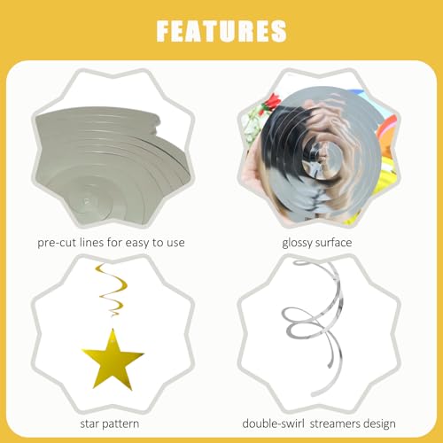 Image of 40Pcs Hanging Stars Swirls Party Decorations Plastic Star Spirals Streamers Foil Ceiling Decor for Birthday All Kinds of Parties Classroom Home (Gold, Black, Silver)