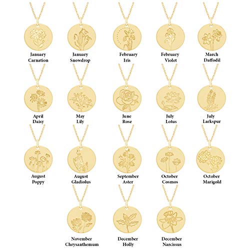 Birth Flower Necklace 18k Gold Plated Engraved Custom Floral Pendant Necklaces Dainty Birth Month Flower Disc Charm Hand Stamped Flower Disc Necklace, Gift For Her3