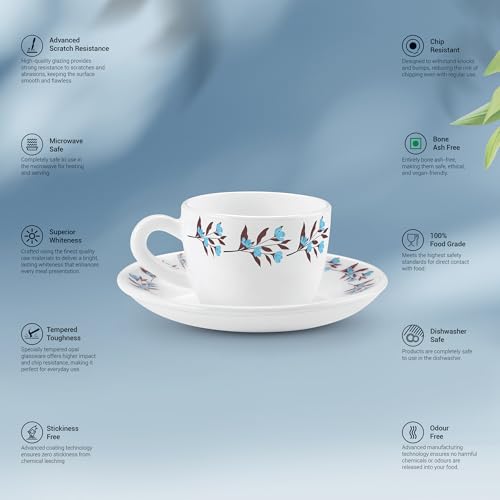 Image of Treo By Milton Opalware Ophelia 13 Lavelle Cup & Saucer Set | Microwave & Dishwasher Safe | Bone-Ash Free | Tempered Toughness | Set of 12 | White | Crockery Set for Daily Use & Gifting