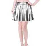Women's Pleated Skirt Short Shiny Liquid Metallic Flared Skater Skirt Silverm, S