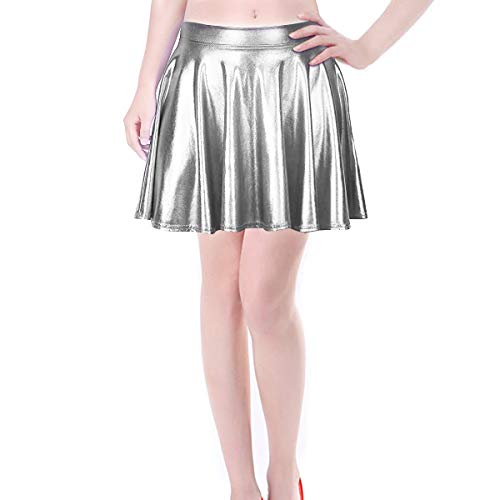 TQS Shiny Metallic Skirt Flared Pleated Holographic A-Line Mini Skater Skirts