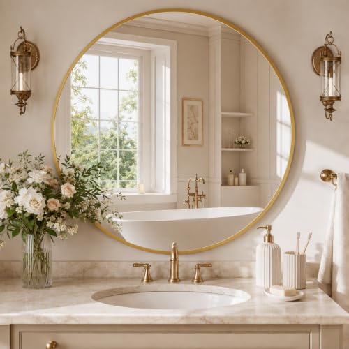 Image of Easly 40 Inch Round Mirror, Gold Metal Frame Wall Mirror for Bathroom | Aluminum Alloy Frame Wall Mirror with High-Definition Lense for Entryway, Living Room, Vanity, Bedroom