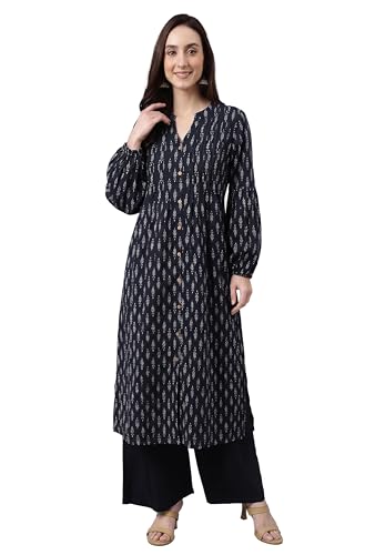 Image of Janasya Women's Pure Cotton Floral Printed A-line Kurta