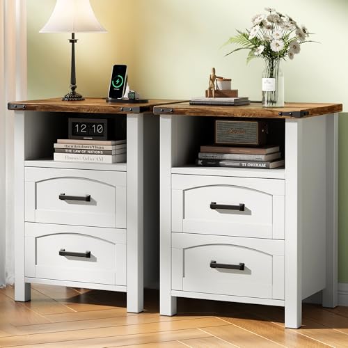 Decofy Farmhouse Nightstand Set of 2 with Charging Station 18 Wide Rustic End Table with USB/Type-C Ports 2 Drawers & Open Shelf Wood Bedside Table for Bedroom White