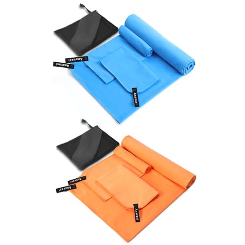 Anavasi 6 PCS Microfibre Towels for Adults 2*(180*80 + 80*40 + 50*30) Microfibre Gym Towels with Net Bag Lightweight and Quick Dry Travel Towel for Camping Travel Sports (Dark Blue and Orange)