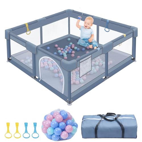 Parque infantil de 127 x 127 cm, con 30 bolas y 4 anillos de escala, zona de juegos segura para niños, fondo antideslizante, tejido transpirable, borde reforzado, bolsa de transporte incluida, gris