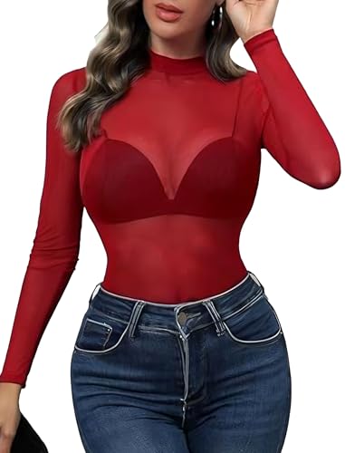 Avidlove Mesh Top Mesh Crop Top for Women Long Sleeve Mock Neck Wine Red XXL