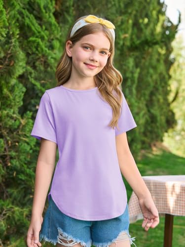 Image of Haloumoning Girls Summer Short Sleeve Shirt Kids Crewneck Curve Hem Soft Tunic Tops T-Shirts 5-14 Years