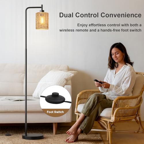 Image of Oneach 66 inch Black Floor Lamp for Living Room, Boho Floor Lamp with Remote Control and LED Bulb, Rattan Shade, Industrial Tall Farmhouse Standing Lamp for Bedroom, Dining Room, Study Room, Office