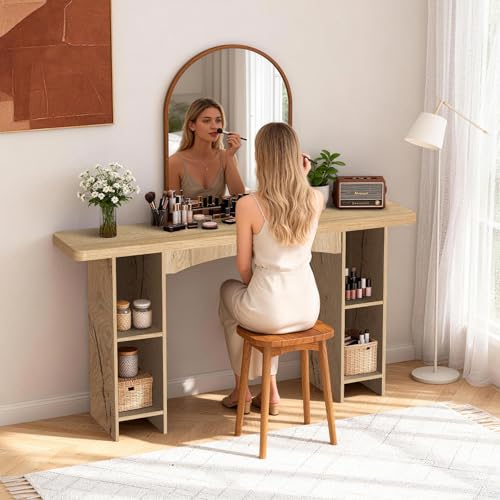Image of Sonharlar 55 Inch Entryway Table Single-Shelf Cabinet, 1.6 Inch Thick Desktop Wooden Console Table with Socket Farmhouse Sofa Table for Entrance, Hallway, Living Room,Behind Couch(Natural Brown)