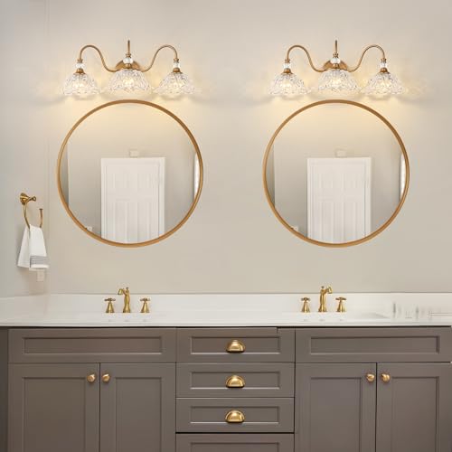 Image of Vintage Bathroom Vanity Light, 3-Light Matte Deep Brass Finish Vanity Light with Flower-Shaped Clear Glass Shades, Retro Wall Sconce for Bathroom
