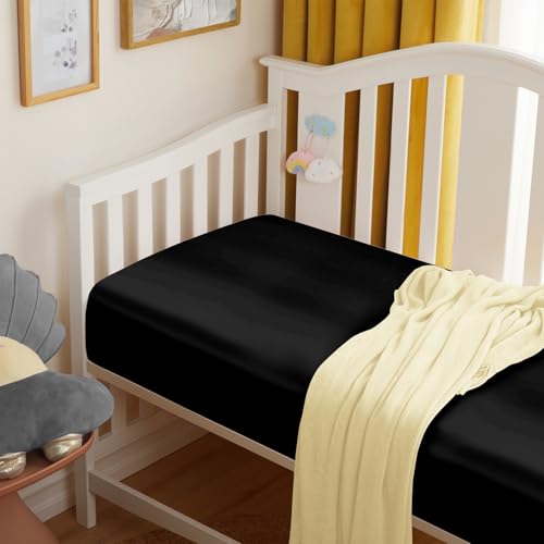 Image of Entisn 28x52 Satin Fitted Crib Sheet 2 Pack, Black | 8-Inch Deep Pocket Snug Fit, Silky Satin Protects Hair And Skin, No-Slip Reinforced Edges, Machine Washable Fade-Resistant