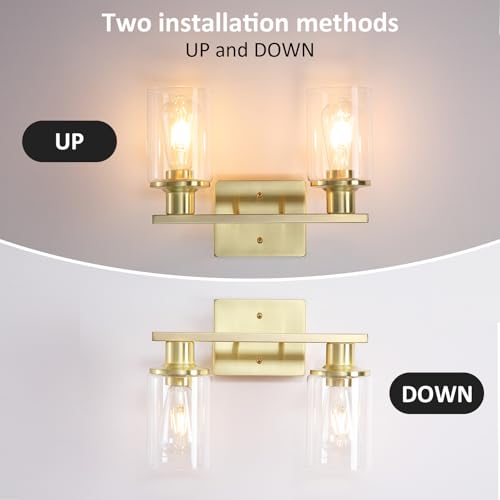 Image of 2-Light Gold Bathroom Vanity Light,Brushed Gold Bathroom Light Fixtures Over Mirror with Clear Glass Shade,Modern Wall Sconces Lighting for Kitchen Living Room Cabinet Hallway