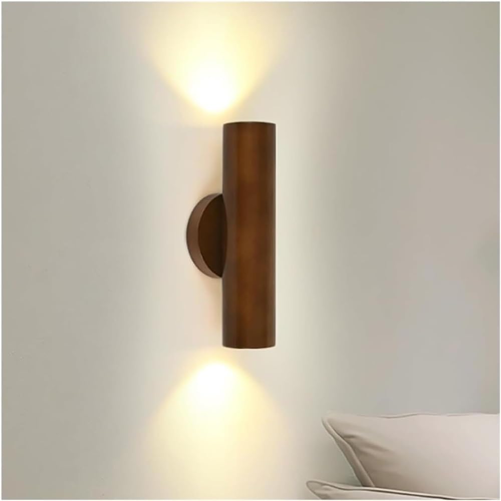 LYOUAE 2-Lights Up Down Indoor Wall Sconce Nordic Rubberwood Wall Mounted Light Cylinder LED Bedside Wall Lamp for Bedroom Living Room Hallway(Walnut,Warm Light)