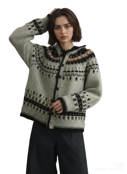 Womens Fair Isle Hooded Cardigan Vintage Button Front Cardigan Oversized Long Sleeve Sweater Winter