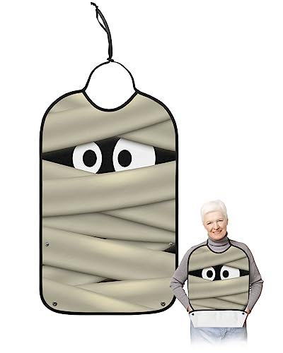 LEOKOTI Halloween Mummy Adult Bibs for Eating, Waterproof Bibs with Food Catcher & Adjustable Snap Closure, Big Scary Eyes Mummy Washable Clothing Protectors Adult Bibs for Elderly Women/Men