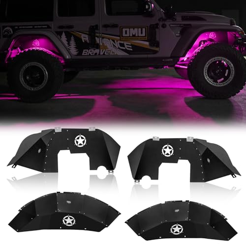 Front and Rear Inner Fender Liners Kit with LED Neon Light for 2018-2024 Jeep Wrangler JL JLU 2/4 Doors Five Star Logo