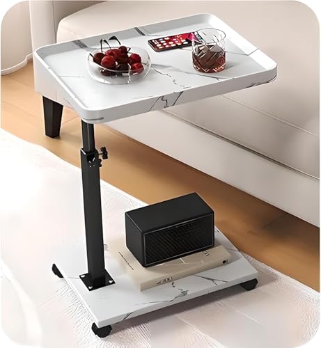 WoRefCra 昇降式 サイドテーブル キャスター付き 幅40×奥行30×高さ45-80cm ベッドサイド テーブル 木目調 C字型 簡易テーブル 小型 省スペース 移動便利 ホワイト