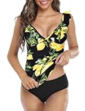 Hilor Women's Tankini Swimsuits Shirred Tummy Control Swimwear Ruffled V Neck Two Piece Bathing Suits Lemon 8