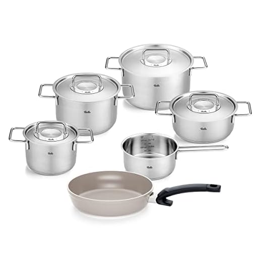 Fissler Pure Collection/roestvrijstalen kookpannenset, 6-delig, pannen met metalen deksel (3 kookpannen, 1 braadpan, 1 steelpan, Ceratal Comfort pan 24 cm) - inductie, zilver