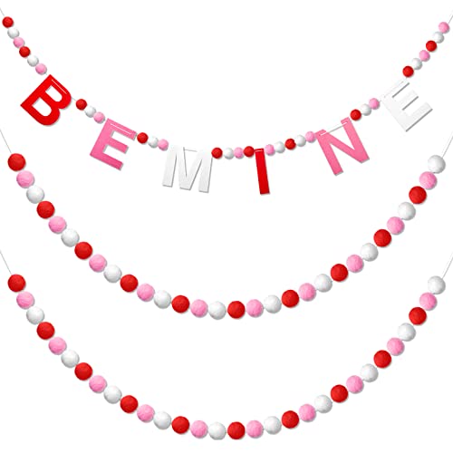 Breling 3 Pieces Valentine's Day Garland Felt Ball Garland, 10ft Pompom Valentines Decorations Banner for Mantle Fireplace Room Valentine Hanging Decor (Pink,Be Mine)
