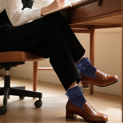 Image of 3 Pairs Women Ruffle Socks Adult Double Lace Frilly Sock with Bow Back,Size 9-11