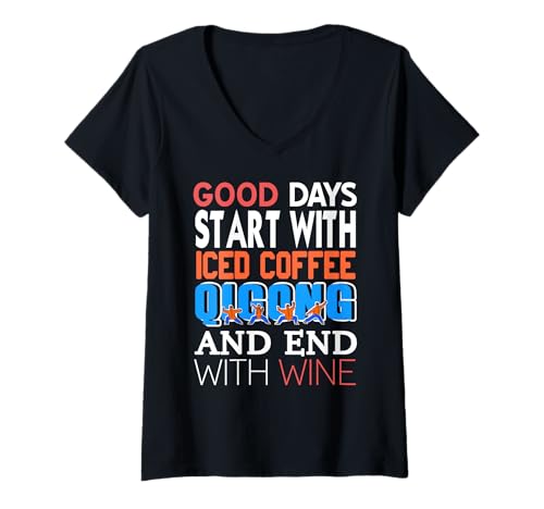 Mujer Café Helado Qigong Vino Humor Estilo Equilibrado Camiseta Cuello V