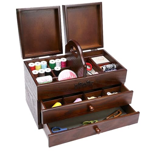 Organizador de costura de madera con cajones y compartimentos, almacenamiento portátil para herramientas de costura y suministros de bordado en casa
