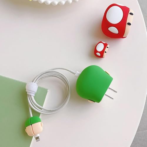 Image of INEFABLE Charger Case Cover Protector with 3D Cute Pattern for iPhone Charger only 18W & 20W, Data Charging Cable Wire Saver Protective Cable Cover Full Protection - Set of 1 (Green Mario)