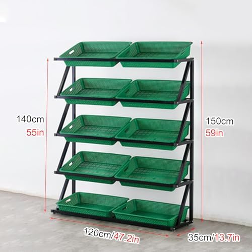 Free Standing Display Racks Mobile Storage Racks Cigarette Racks Supermarket Racks，Produce Storage Stand with Imitation Rattan Basket, Green Supermarket Retail Display Rack for Fruit Vegetab