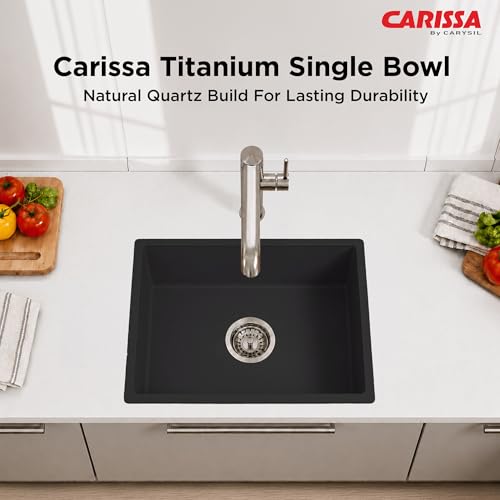 Image of Carissa By Carysil Titanium Quartz Kitchen Sink 18 x 16 x 8 inches, Single Bowl Granite Sink with 80% Quartz & 20% Resin, Heat Resistant 300C, 50kg Load Bearing, Stain Resistant - Z-Black